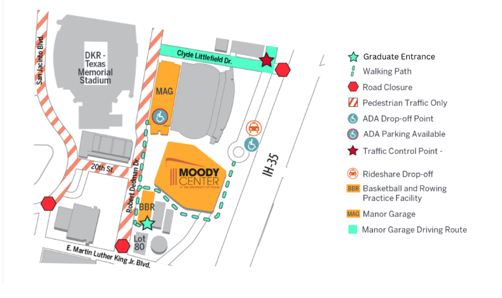Map of Moody Center Commencement drop off map.