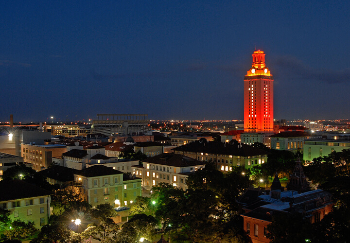 University of Texas tower in orange light